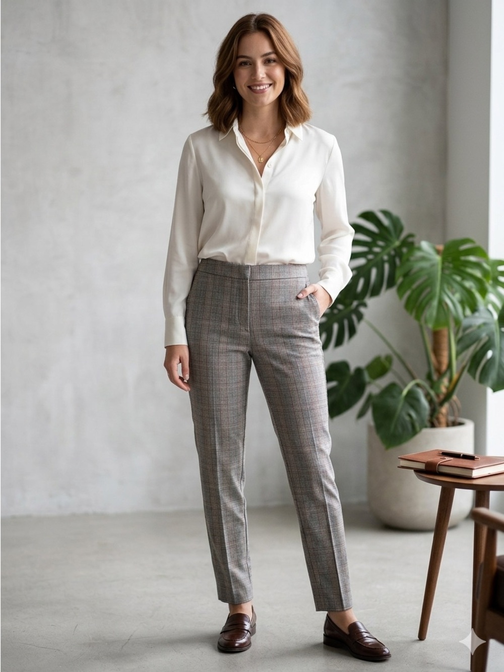 Zara Brown Plaid Straight-Leg Ankle Pants